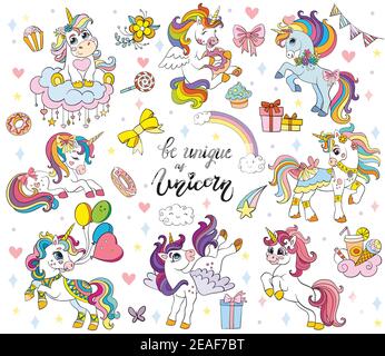 Set von niedlichen Cartoon Einhorn mit magischen Elementen. Vektor-isolierte Illustration. Für Postkarte, Plakate, Kindergartendesign, Grußkarte, Aufkleber, Zimmer de Stock Vektor