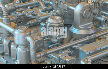 Hintergrund 3D Render von abstraktem Sci-Fi texturiertem Metall mit Kabeln, Röhren und elektronischen Teilen. Stockfoto