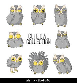 Eulen-Illustrationssatz. Sammlung mit niedlichen Eulen mit verschiedenen Emotionen in Hand gezeichnet Cartoons Stil. Otus Scops Illustration Bundle. Stock Vektor