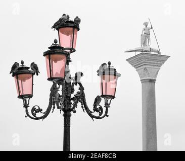 Rosa venezianischen Glaslampen mit roosting Tauben auf dem Markusplatz in Venedig Italien mit dem hl. Theodor von Amasea und auf seinem Sockel Krokodil Stockfoto