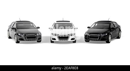 Limousine Pkw in drei Metallic-Farben, Graphit, Weiß und Schwarz auf weißem Hintergrund - Vorderansicht - 3D Rendering Stockfoto