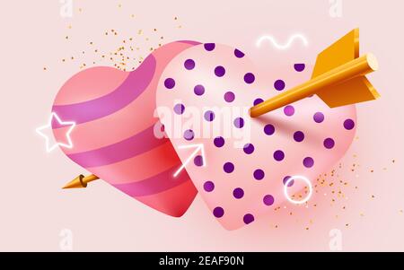 Zwei liebevolle Herzen durchbohrt mit einem kupiden Pfeil. Valentinstag oder Hochzeit Komposition. Vektorgrafik. Stock Vektor