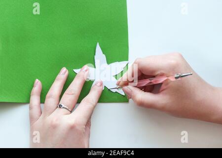 Schritt-für-Schritt Masterclass Workshop, Bastelführer, Draufsicht auf die Herstellung von Haarschmuck mit künstlichen Rosenblumen aus Schaum, EVA schwammiges Material, Schaum Stockfoto