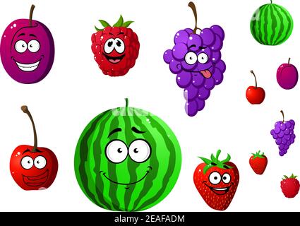 Appetitliche Beeren und Früchte auf weißem Hintergrund isoliert gesetzt. Wassermelone, Himbeere, Kirsche, Pflaume, Erdbeere, Traube. Cartoon-Stil Stock Vektor