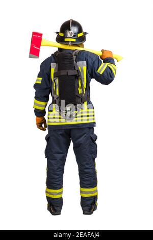 Rückansicht Feuerwehrmann in feuerfester Uniform Stockfoto