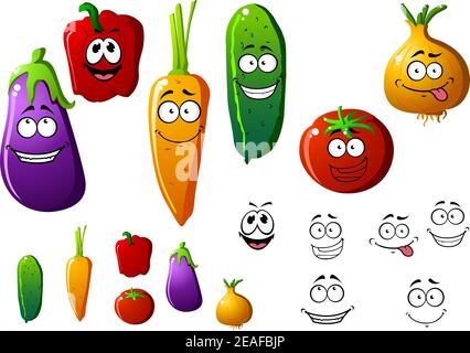Gurke, Pfeffer, Auberginen, Zwiebeln, Karotten und Tomatengemüse mit lustigen Emotionen. Cartoon-Illustration Stock Vektor