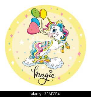 Niedliche Cartoon Einhorn mit Luftballons auf einem Regenbogen. Vektordarstellung Kreisform isoliert auf gelbem Hintergrund. Geburtstag, Party-Konzept. Für Aufkleber, Stock Vektor