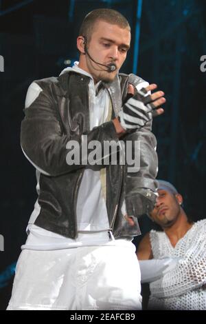 Justin Timberlake im Konzert in der Wembley Arena in London, Großbritannien. 14th Mai 2003 Stockfoto