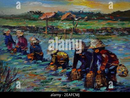 Professioneller Künstler handgemalt Original Impressionismus Meisterwerke Maler Kunst Malerei Ölfarbe ländliches Leben Hand Angeln Farmer Landschaft Blick Stockfoto