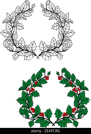 Weihnachtskränz mit grünen Blättern und roten Beeren Retro-Style Stock Vektor