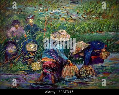 Professioneller Künstler handgemalt Original Impressionismus Meisterwerke Maler Kunst Malerei Ölfarbe ländliches Leben Hand Angeln Farmer Landschaft Blick Stockfoto
