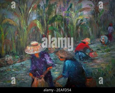 Professioneller Künstler handgemalt Original Impressionismus Meisterwerke Maler Kunst Malerei Ölfarbe ländliches Leben Hand Angeln Farmer Landschaft Blick Stockfoto