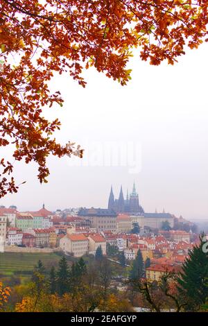 Blick auf Prag von Strahov Kloster, Burg und St. Veits Kathedrale an einem nebligen Tag. Stockfoto