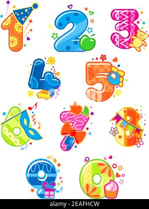 Cartoon Ziffern und Zahlen mit Spielzeug für kindliche Mathematik Design Stock Vektor