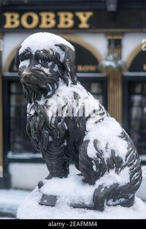 Die Statue von Greyfriars Bobby in Schnee bedeckt Stockfoto