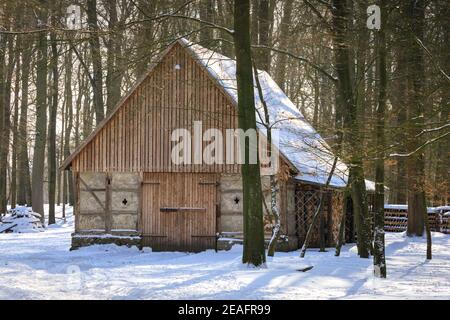 Duelmen, NRW, Deutschland. Februar 2021, 09th. Ein traditionelles hölzernes Nebengebäude im Wald ist in weiten Teilen Deutschlands von Schnee nach Schneestürmen und unter eisigen Temperaturen umgeben. Kredit: Imageplotter/Alamy Live Nachrichten Stockfoto