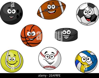 Cartoon Illustration einer Reihe von glücklichen Sportbälle und Ausrüstung mit Tennis, Fußball, Rugby, Fußball, Cricket, Volleyball und einem Eishockey Puck Stock Vektor