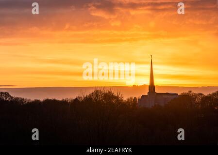 Preston England Tempel, von Great Knowley aus gesehen, bei Chorley bei Sonnenuntergang Stockfoto