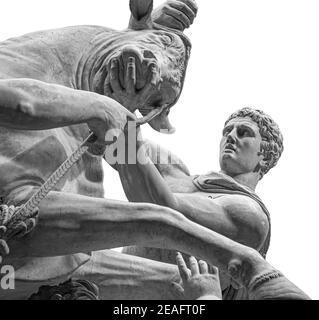 Herkules kämpft gegen den kretischen Stier oder die Statue des gottes Mithras, der einen Stier tötet. Steinskulptur isoliert auf weißem Hintergrund Stockfoto