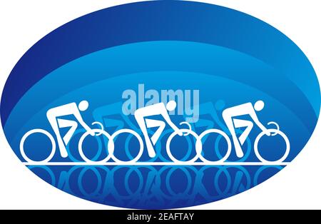 Abstrakte Illustration der weißen Silhouetten von drei Rennradfahrern auf einer ovalen blauen Form, isoliert auf weißem Hintergrund Stock Vektor