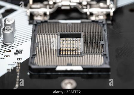 Makroaufnahme eines leeren modernen LGA 1200 Sockels für CPU auf schwarzem Desktop Motherboard. Stockfoto