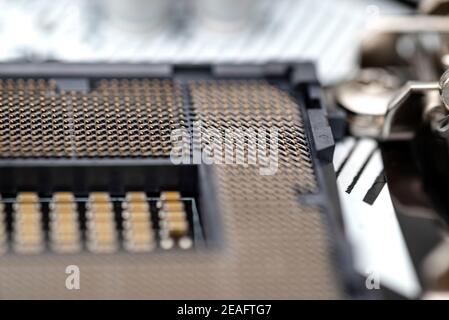 Makroaufnahme eines leeren modernen LGA 1200 Sockels für CPU auf schwarzem Desktop Motherboard. Stockfoto