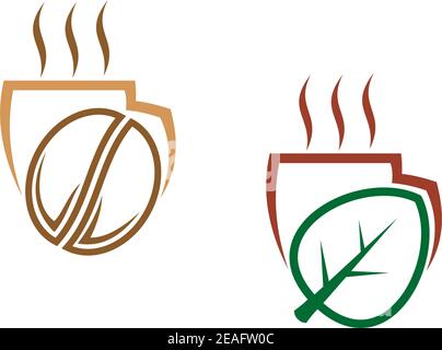 Stilisierte Vektior-Illustration von zwei Tassen dampfender Getränke, eine mit Kaffeebohne und eine mit greenleaf Stock Vektor