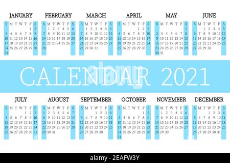 2021 Kalenderplaner. Сorporate Woche. Vorlagenlayout, 12 Monate jährlich, weißer und blauer Hintergrund. Einfaches Design für Business-Broschüre, Flyer Stock Vektor