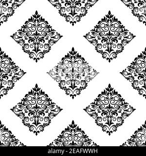 Geometrische Arabeske nahtlose schwarz-weiße Silhouette Muster mit verzierten Florale rautenförmige Motive in weißen Bordüren Stock Vektor