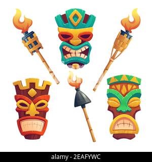 Tiki Masken, hawaiianische Tribal Totem und brennende Fackeln auf Bambusstäbchen. Vektor Cartoon Satz polynesische traditionelle Statuen, alte hölzerne gottesgesichter isoliert auf weißem Hintergrund Stock Vektor
