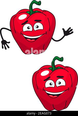 Zwei nette Cartoon glücklich lächelnd roten Paprika, eine mit winkenden Armen und eine ohne, Illustration auf weiß Stock Vektor