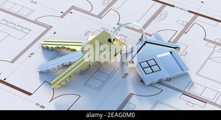Immobilien, Gehäuse Wohnprojekt Bau Konzept, Hausschlüssel auf Gebäude Blaupause Pläne, 3D Illustration Stockfoto