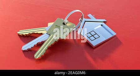 Hausschlüssel, Haus, Immobilien, Wohnung Konzept. Goldene, silberne Schlüssel auf Schlüsselanhänger Haus geformt, rote Farbe Hintergrund, neue Eigenschaft Symbol gesetzt. 3D Abb. Stockfoto