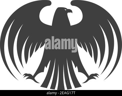 Silhouette eines schwarzen Adlers mit ausgebreiteten Flügeln und seinen Kopf zur Seite gedreht isoliert auf weiß für Heraldik Design Stock Vektor