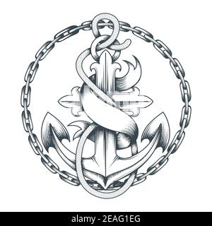 Tattoo of Anchor mit Band und Ketten in Gravur-Stil gezeichnet. Vektorgrafik. Stock Vektor