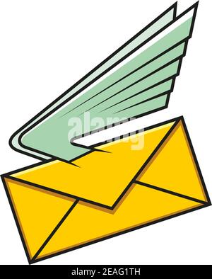 Gelber Umschlag mit Flügeln, Symbol für Kommunikation, elektronische Post oder schnelle Lieferung, isoliert auf weißem Hintergrund. Vektorgrafik Stock Vektor