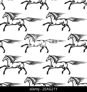Nahtloses Muster von galoppierenden Pferden mit ihren Mähne und Geschichten, die im Wind fließen, schwarz-weiß Vektorgrafik Stock Vektor