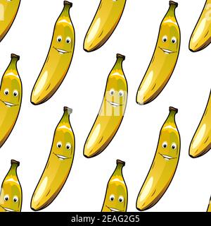 Nahtlose Hintergrund-Muster von glücklich reifen gelben Bananen mit Smiley Gesichter auf weiß, Cartoon-Vektor-Illustration Stock Vektor