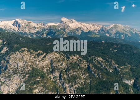 Der Triglav, der höchste Gipfel in Slowenien, wie aus den Vogel touristischen Gegend gesehen Stockfoto