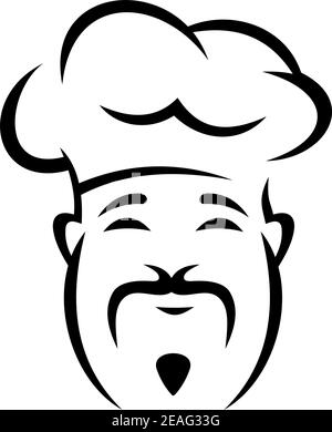 Schwarz-weiß-Doodle-Skizze eines fröhlichen chinesischen Küchenchefs Mit einem droopigen Schnurrbart, der eine traditionelle Haube trägt Stock Vektor