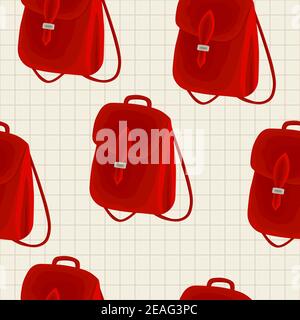 Nahtloses Muster mit Rucksack auf Gitterpapier Hintergrund. Ledertasche in Rot. Flaches Design. Mode Accessoire für die Schule. Jugend modernes Modell. Aktenkoffer in Stock Vektor