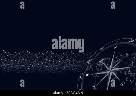 Raumkompass mit digitaler Linie auf dunkelblauem Hintergrund mit Speicherplatz kopieren Stockfoto