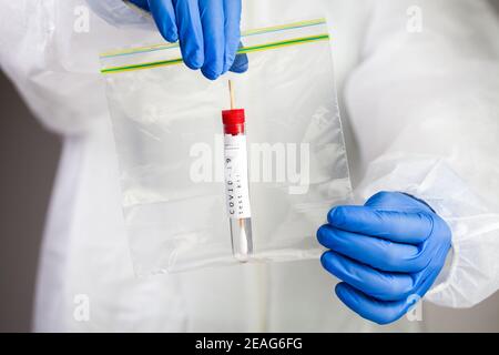 Coronavirus COVID-19 Test, Abstrichbesteck, steriler Staubsauger mit Abstrichbesteck, Nahaufnahme Hände, die einen Verpackungsbeutel mit Spezifikationen halten Stockfoto