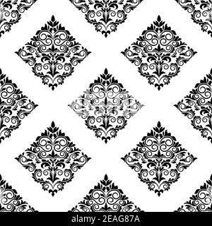 Geometrische Arabeske nahtlose schwarz-weiße Silhouette Muster mit verzierten Florale rautenförmige Motive in weißen Bordüren Stock Vektor