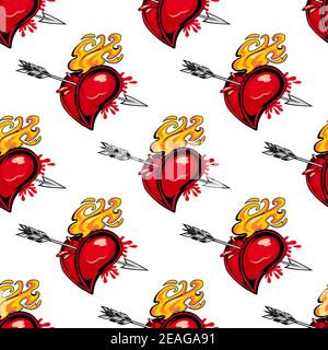 Nahtloses Muster eines flammenden roten Herzens durchbohrt von einem Pfeil symbolisch für Leidenschaft, Begehren, Liebe und Lust im quadratischen Format, Vektor-Illustration auf weiß Stock Vektor