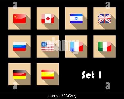 Set von verschiedenen internationalen Länderflaggen auf flachen Symbolen mit Großbritannien, Frankreich, Kanada, USA, Italien, Israel, Spanien, Deutschland, Russland und Stock Vektor