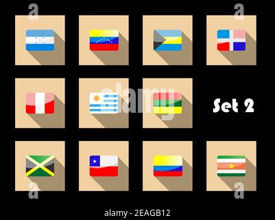 Internationale Länderflaggen auf flachen Icons mit Uruguay, Peru, Chile, Venezuela, Kolumbien, Jamaika, Dominikanische Republik, Honduras, Bahamas und Surin Stock Vektor