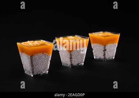 Nahaufnahme von kühlen frischen Dessert mit Kokosnussscheiben dekoriert, isoliert auf schwarzem Hintergrund. Vorderansicht von leckeren Pudding mit natürlichen Bio-Soja m. Stockfoto