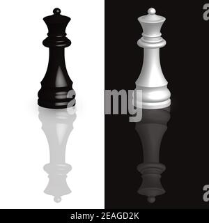 Schwarz-weiße Königin Schach Stück 3D. Schach auf einem schwarz-weißen Hintergrund mit einem Spiegelbild der Figuren, Illustration von 3D Schachfiguren Stockfoto