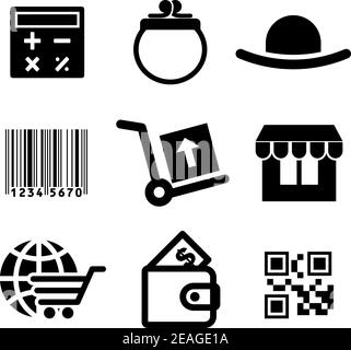Set von Shopping-Symbole einschließlich Geldbörse, Brieftasche, Rechner, Barcode, Trolleys, Geschäft, Globus und digitalen Code, isoliert auf weiß Stock Vektor